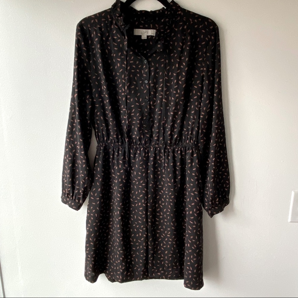 Ann Taylor LOFT Black and Brown Brushstroke Printed Shirt Dress Size 12 Petite